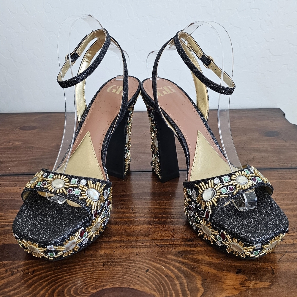GB Women's Black Glitter Heels w/ Gold Multi Embellishments  Sz 8 & 9M - Picture 3 of 7